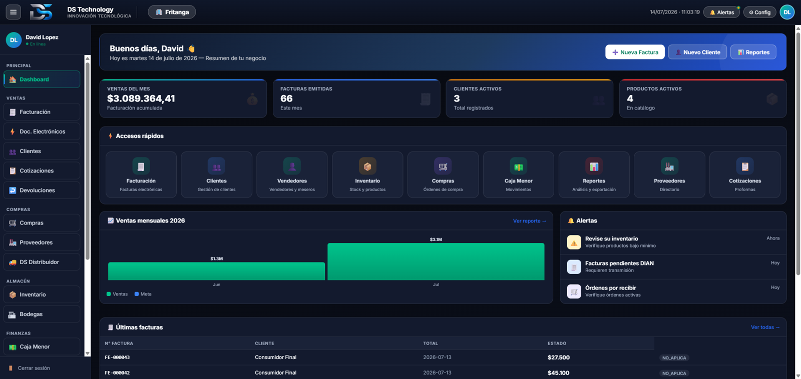 Panel principal de DS Technology: ventas del mes, facturas emitidas, accesos rápidos y alertas en tiempo real